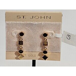 NEW St. John Gold Plate Geometric Square Circle Dangle Stud Statement Earrings